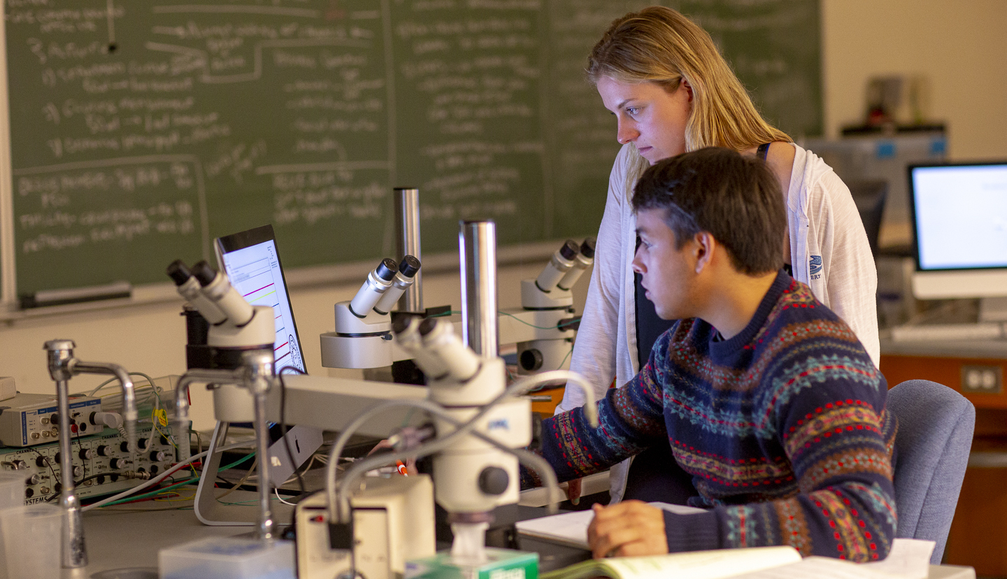 Two students working together at a microscope bench in a research laboratory