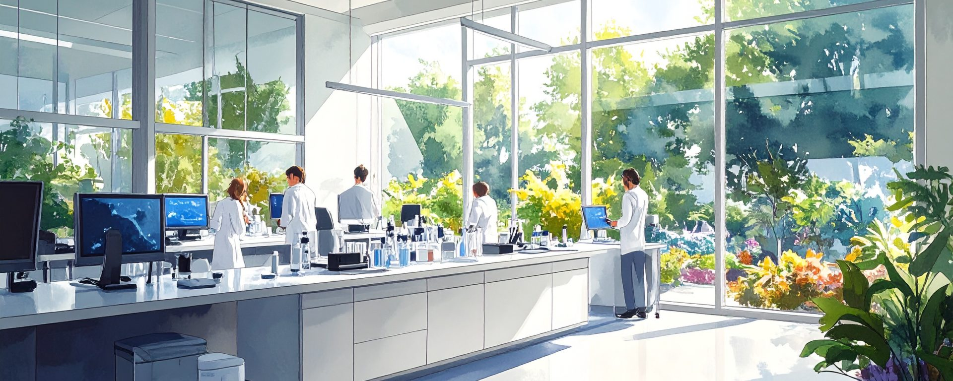 A bright, sunlit research laboratory with large windows looking out onto greenery